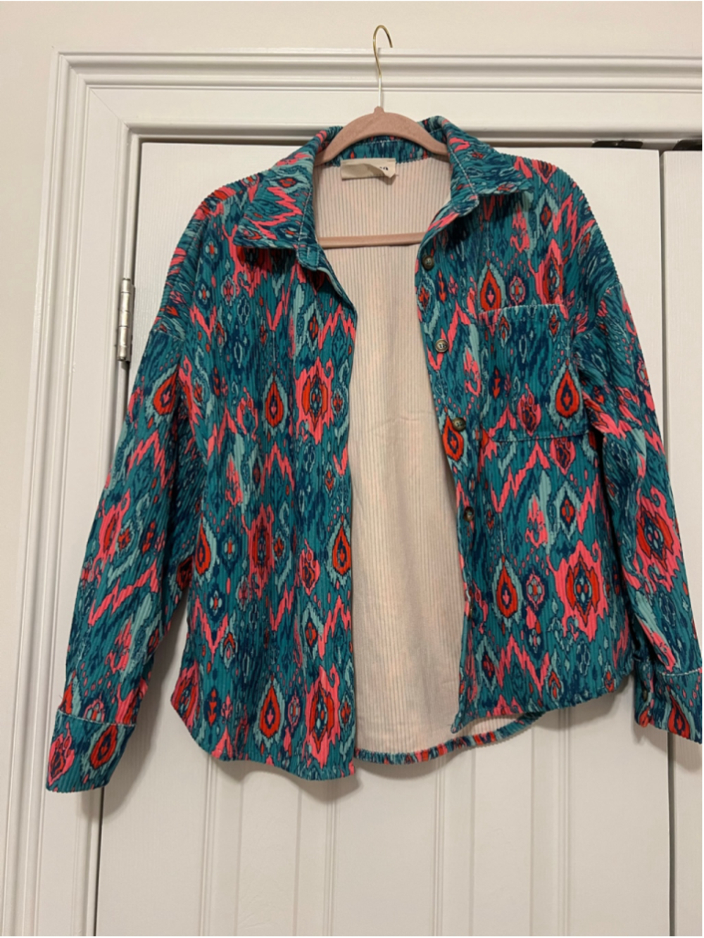Women's Savanna Jane Button Down Corduroy Shacket Shirt Size S Teal Pink Ikat